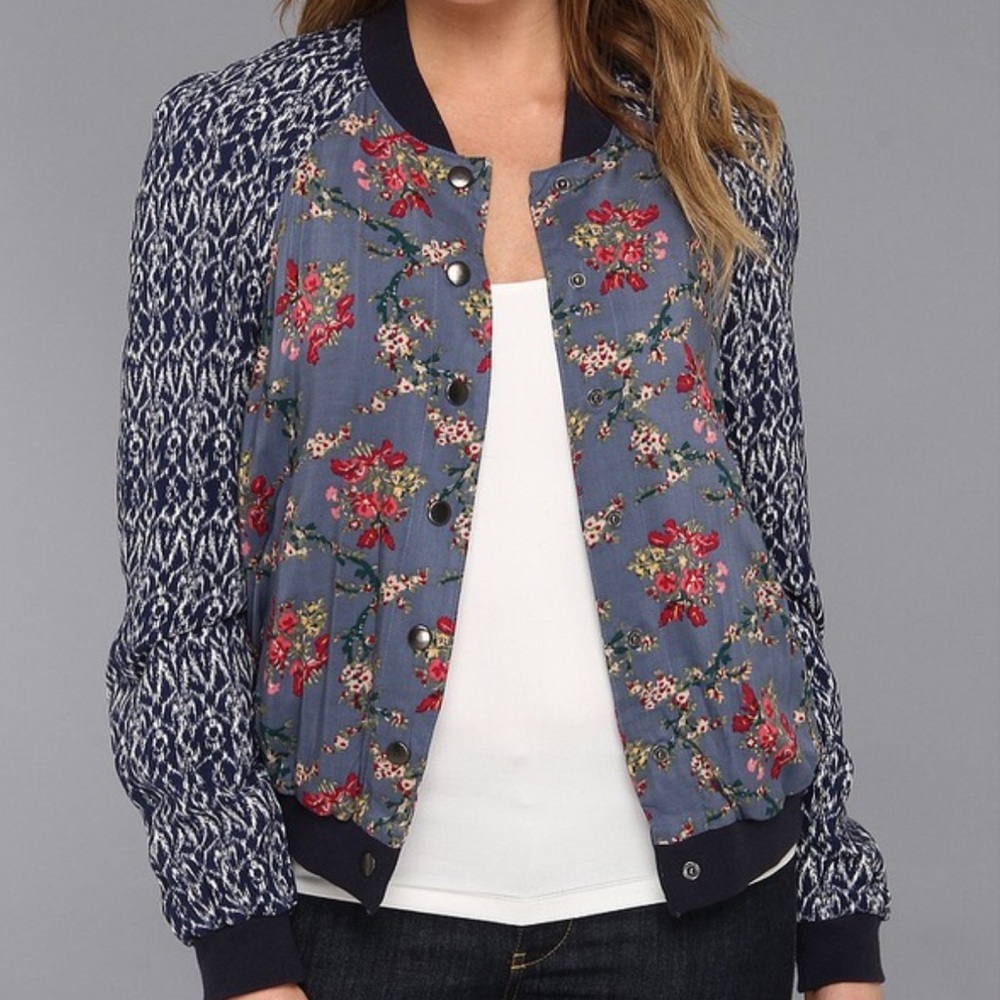 Free People Navy Floral Bomber Jacket s/p